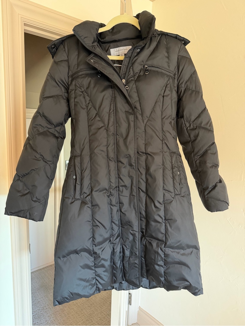 Long Black Quilted Puffer Coat With Faux Fur Hood